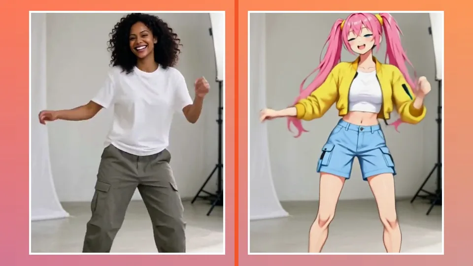 A studio dance, then the same dance recast as an anime woman with pink twin tails, with a thin line between them