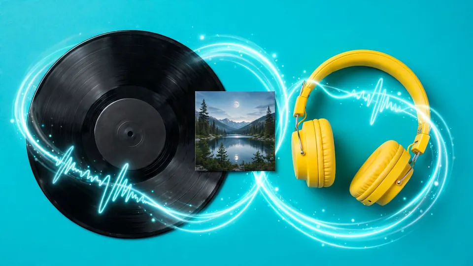 A vinyl record, yellow headphones and album art on a teal background