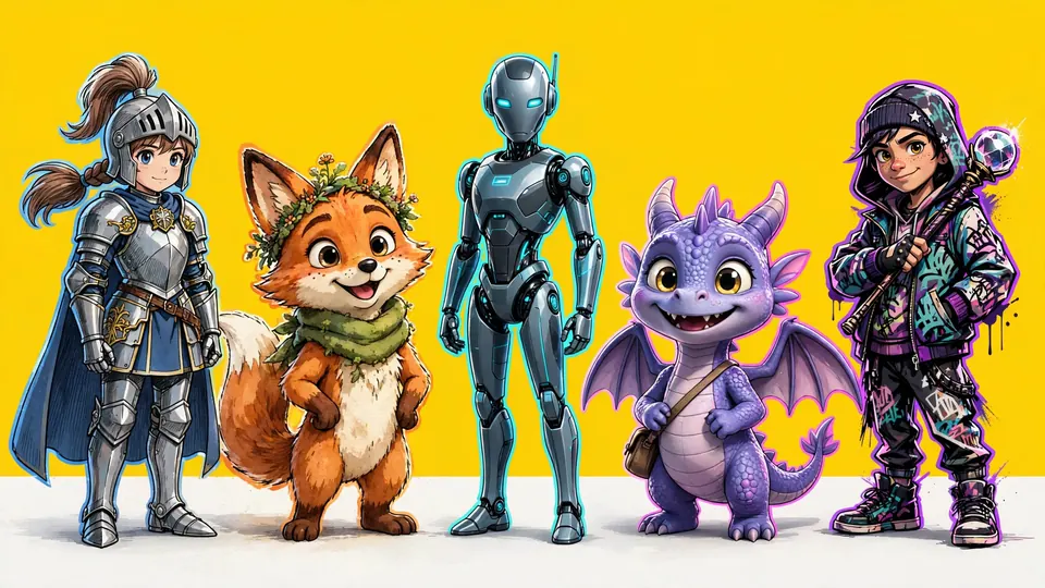 A lineup of five original characters in different styles on a sunflower-yellow background
