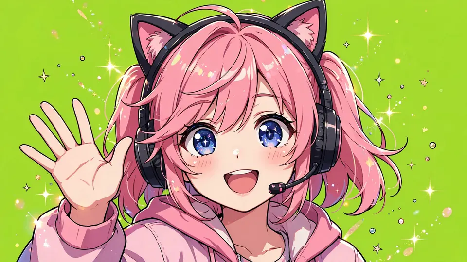 A cute 2D avatar with pink hair and a cat-ear headset on lime green