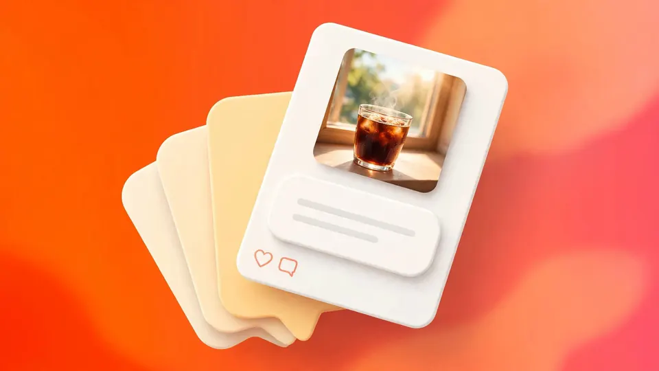 A social post with a coffee photo and caption bubbles fanned behind it, on orange and coral