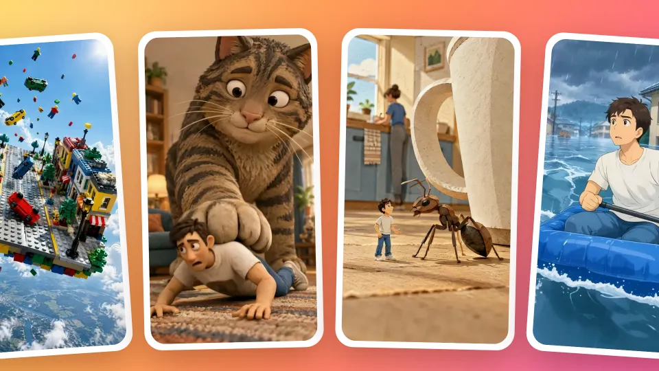 Four real reels made with Reel Factory in four different styles, in phone frames on a warm gradient