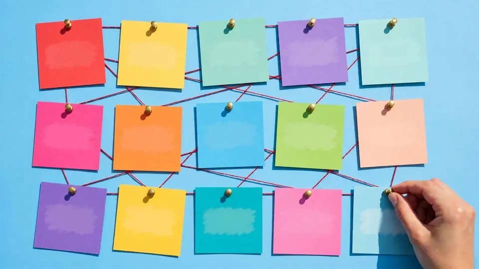 Fifteen colorful index cards pinned in rows on a sky-blue background