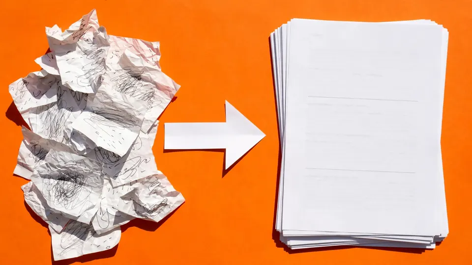 Messy notes becoming neat screenplay pages on a tangerine background