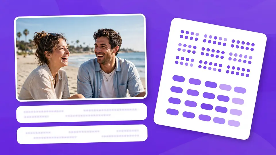 A beach video frame with subtitle bars next to a subtitle file card with numbered cues, on violet