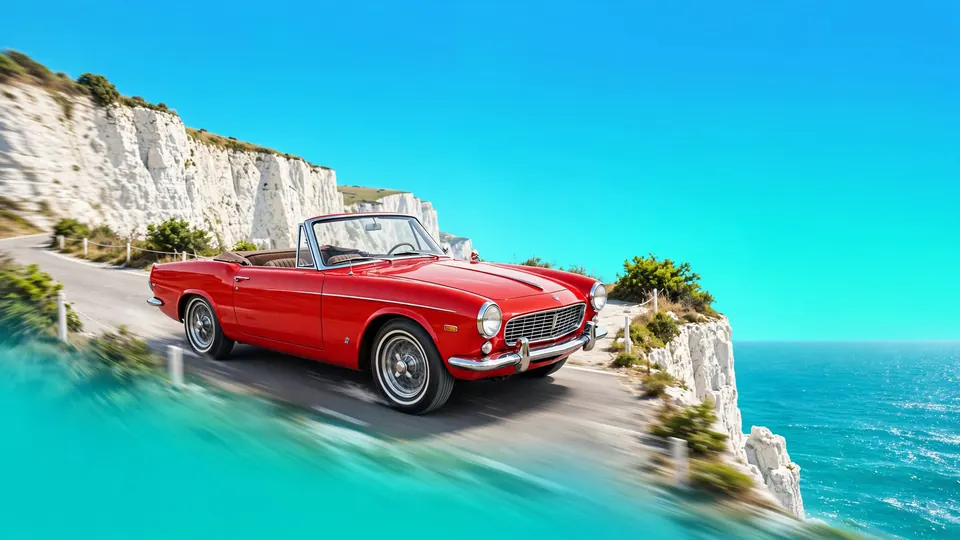 A red vintage convertible on a sunny coastal cliff road above a turquoise sea