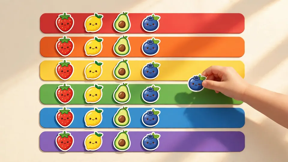 A six-row rainbow tier list board with fruit stickers sorted into rows