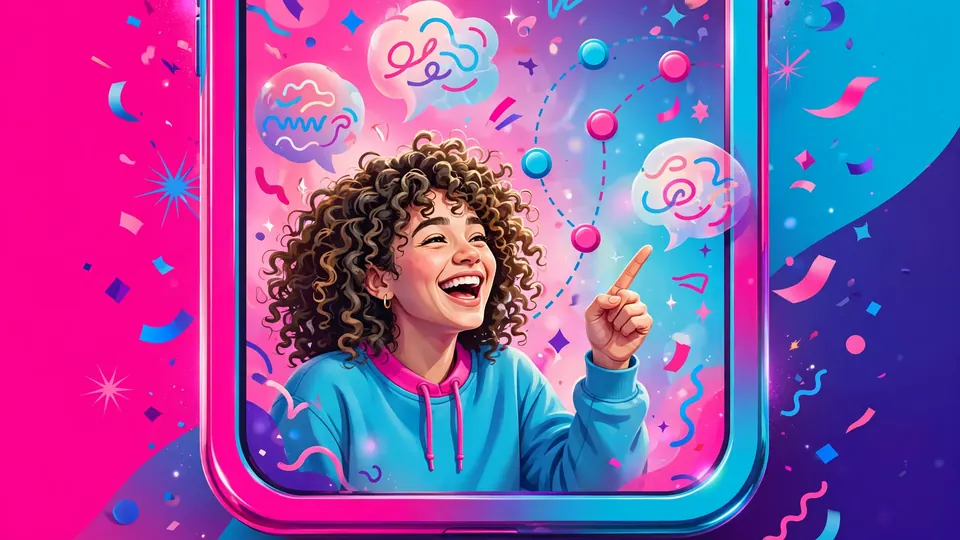 A creator laughing in a vertical phone frame with timeline markers, pink and cyan