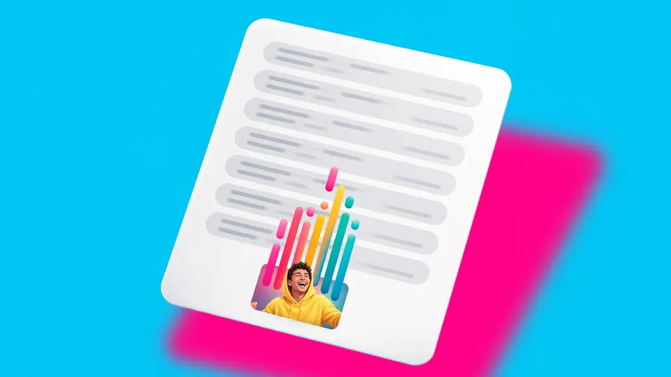 A transcript card with timestamps beside a vertical video of a laughing dancer, on cyan and hot pink