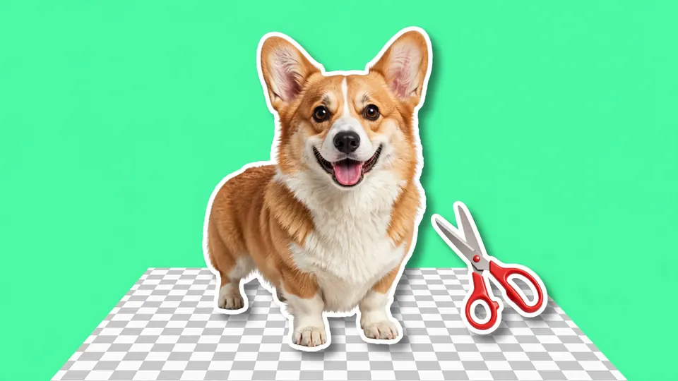 A cut-out corgi above a transparency checkerboard with red scissors on a mint background