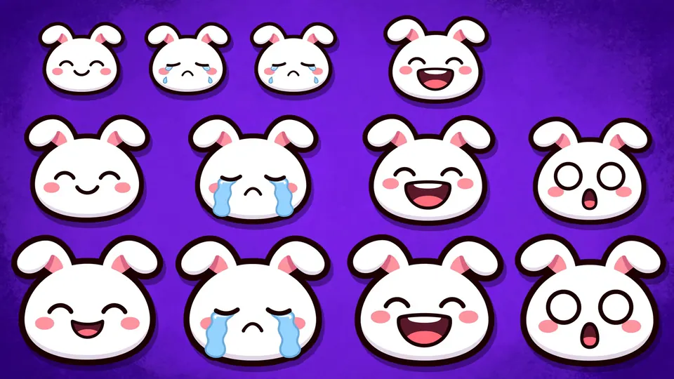 A grid of bunny emotes at three sizes on a purple background