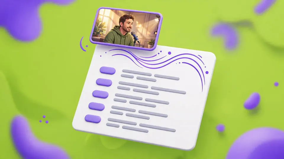 A transcript card with timestamps under a small video of a man at a microphone, on lime green