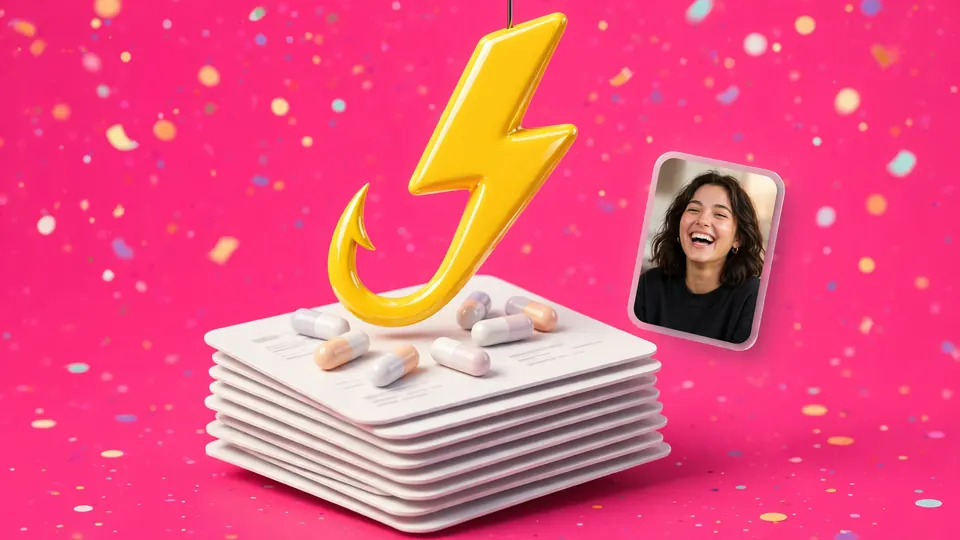 A yellow hook above a stack of ten white text cards and a small video of a laughing woman, on hot pink