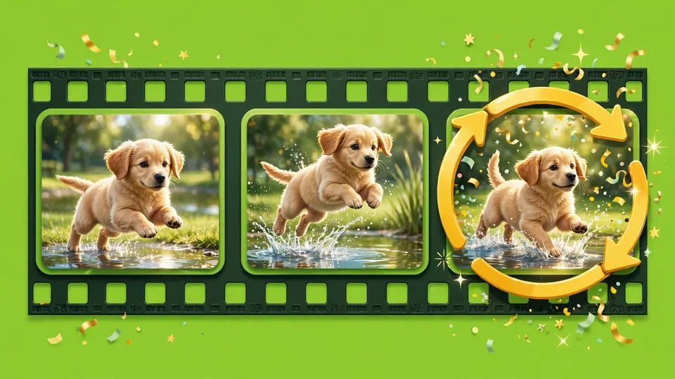 A film strip of a puppy jumping turning into a looping GIF tile on a lime-green background