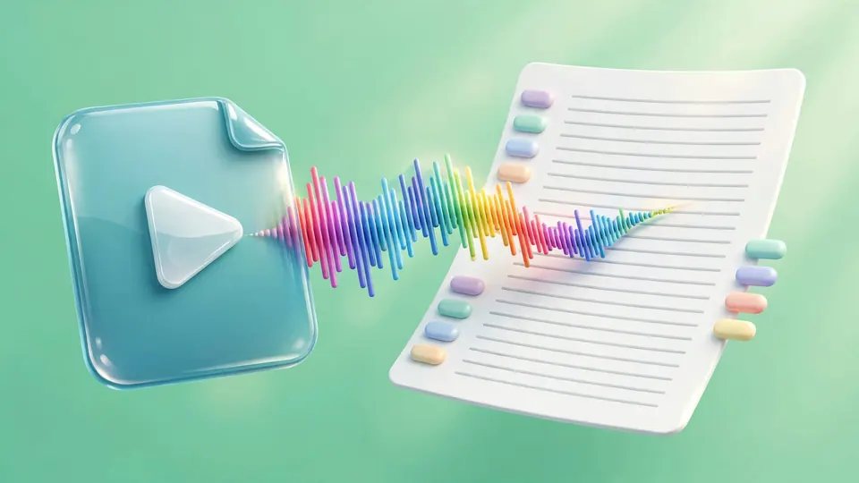 A video file tile turning into a page of text with timestamps through sound waves, on mint green