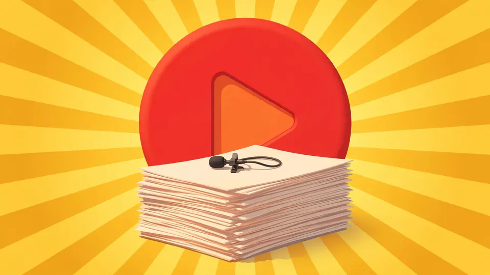 A red play button with script pages and a small microphone on a yellow background
