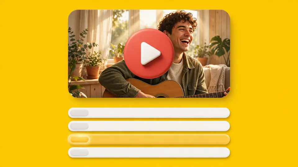A video thumbnail with a play button above a stack of white title bars, on sunflower yellow