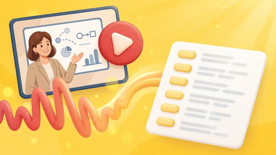 A widescreen video with a red play button next to a transcript card with timestamps, on yellow