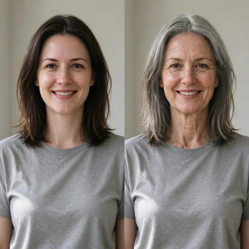Before and after: a woman in her thirties, then the same woman about 40 years older with grey hair