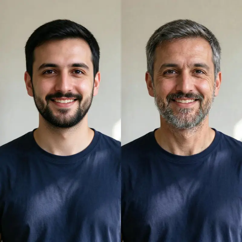 Before and after: a man in his thirties, then the same man about 20 years older with greying hair and beard