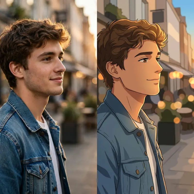 Before and after: a young man in a denim jacket on a street at sunset, then the same man as modern TV anime