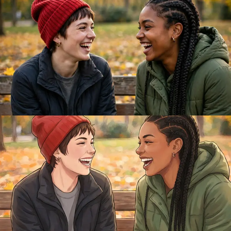 Before and after: two friends laughing on a park bench in autumn, then the same two drawn in a soft painted anime look