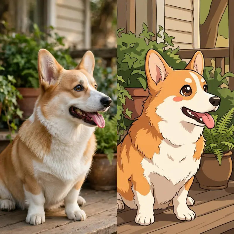 Before and after: a corgi on a wooden porch, then the same corgi drawn as a cartoon