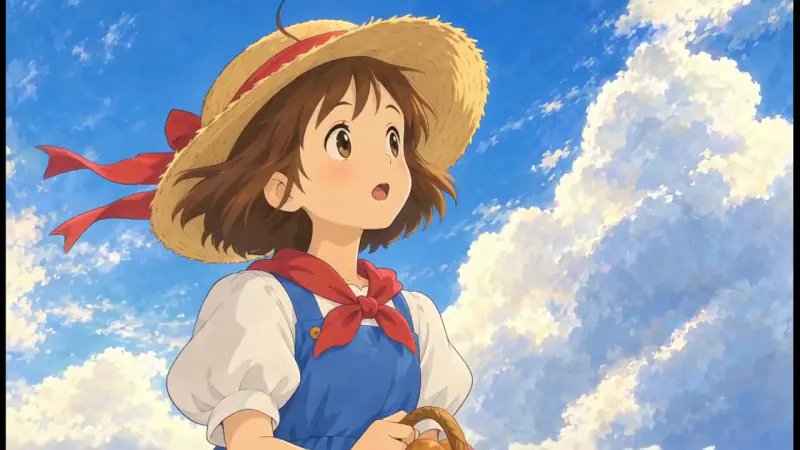 A girl in a straw hat and a whale made of cloud above a seaside village