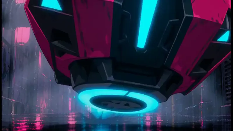 A courier on a neon motorbike races through a rainy megacity at night