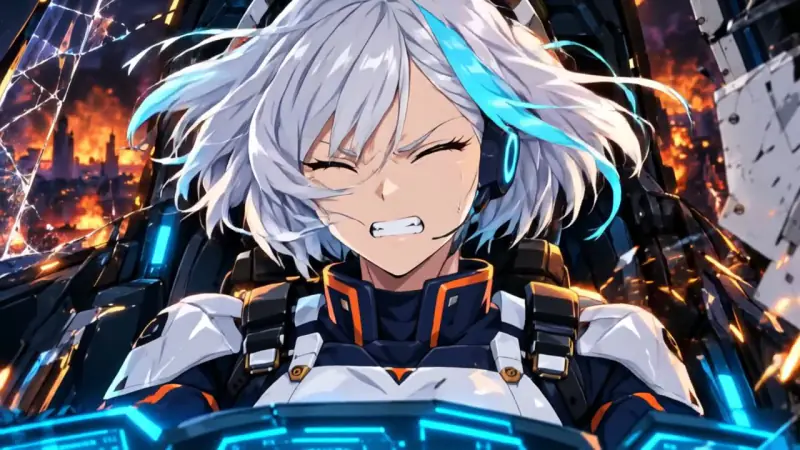 A mech pilot in a glowing cockpit and an explosion over a burning city