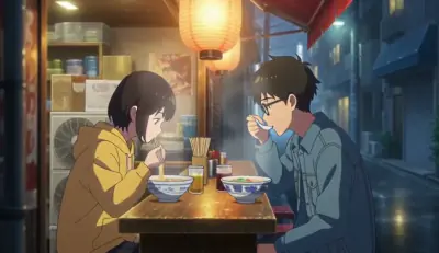Two friends eat ramen at a small counter in a rainy alley at night