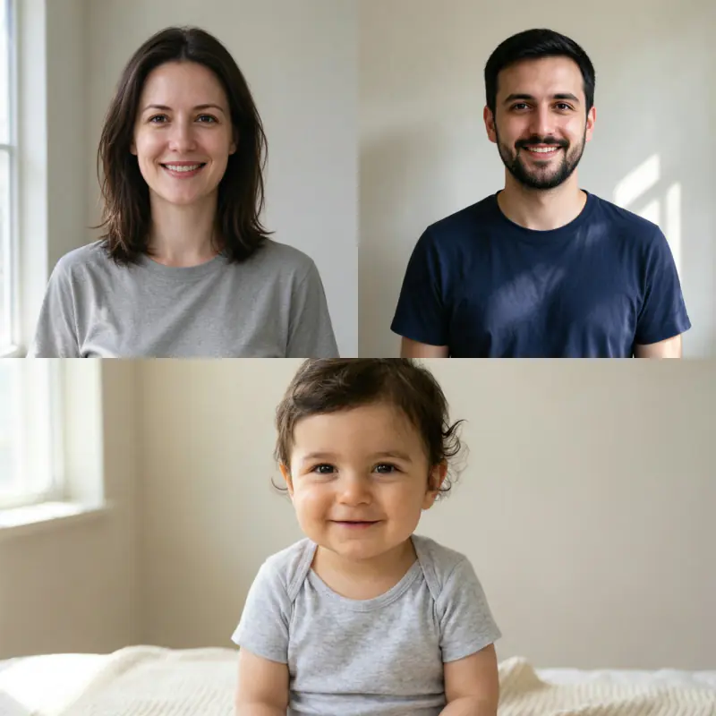 Two adult photos, a woman and a man, and the AI baby portrait made from them: a smiling one year old in a grey onesie