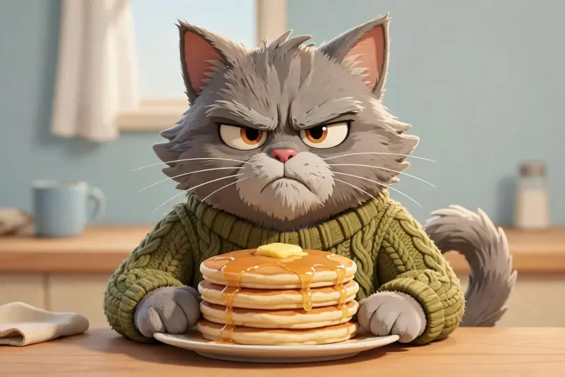 A grumpy gray 3D cartoon cat in a green knitted sweater guards a stack of pancakes