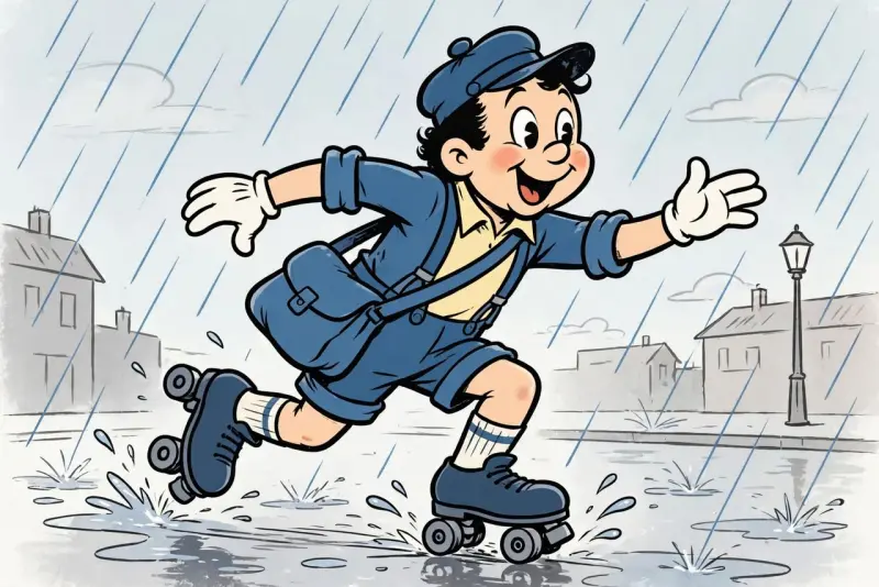 A rubber hose style cartoon mail carrier on roller skates splashes through the rain