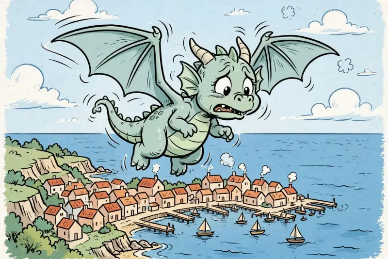 A nervous young green dragon flaps over a seaside town in a comic book style