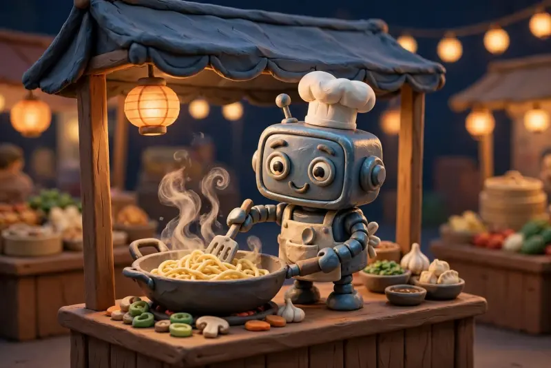 A clay robot chef with a white hat cooks noodles in a wok at a night market stall