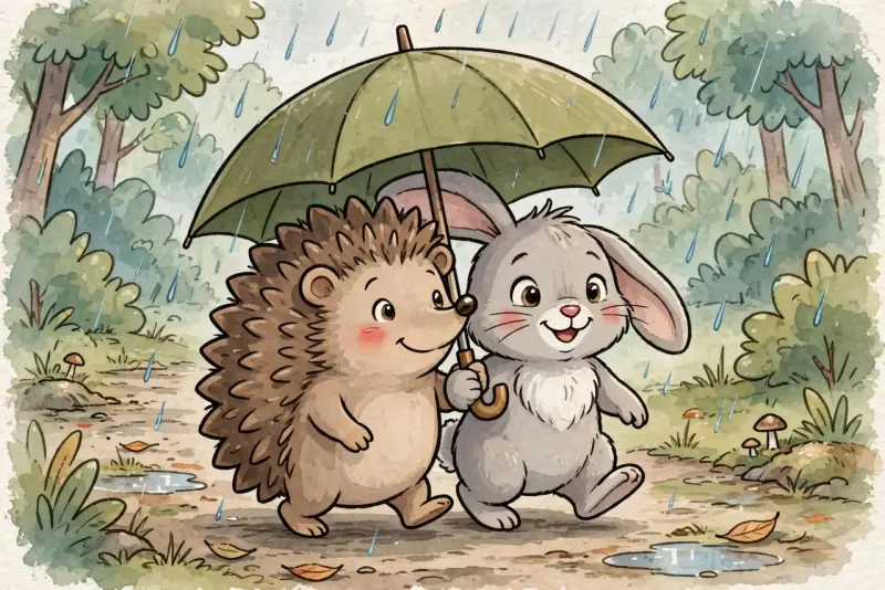 A hedgehog and a rabbit share a green umbrella on a rainy forest path, picture book style