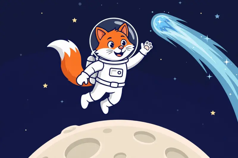 A flat vector fox astronaut waves at a comet above the moon