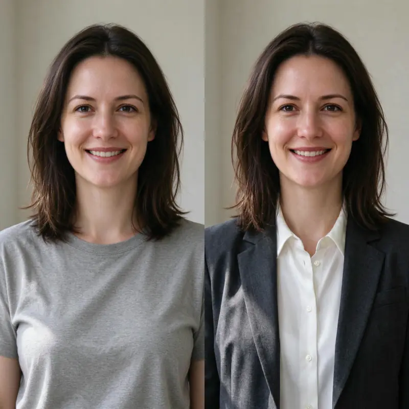 Before and after: a woman in a grey t-shirt, then the same woman in a dark blazer and white shirt