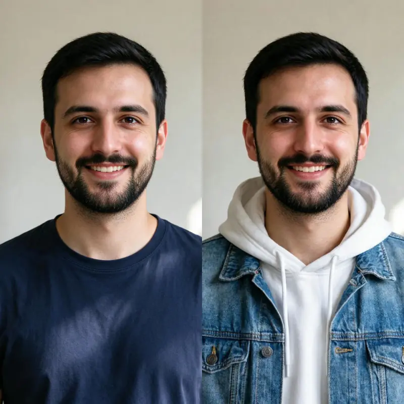 Before and after: a man in a navy t-shirt, then the same man in a denim jacket over a white hoodie