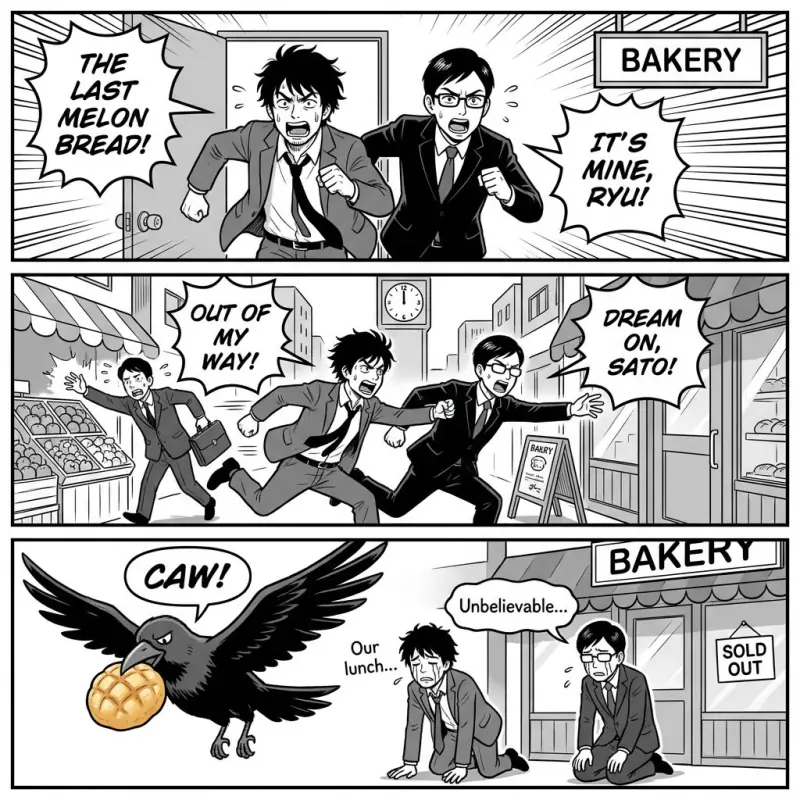 Three-panel manga comic: two coworkers race for the last melon bread and a crow steals it