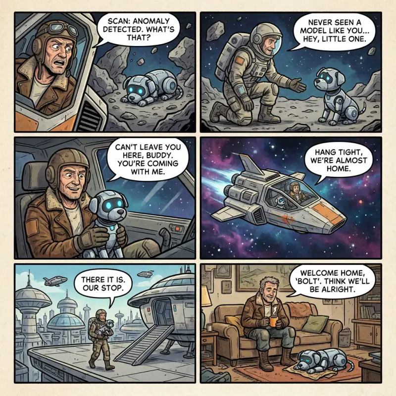 Six-panel color comic: a pilot finds a robot puppy on an asteroid and takes it home