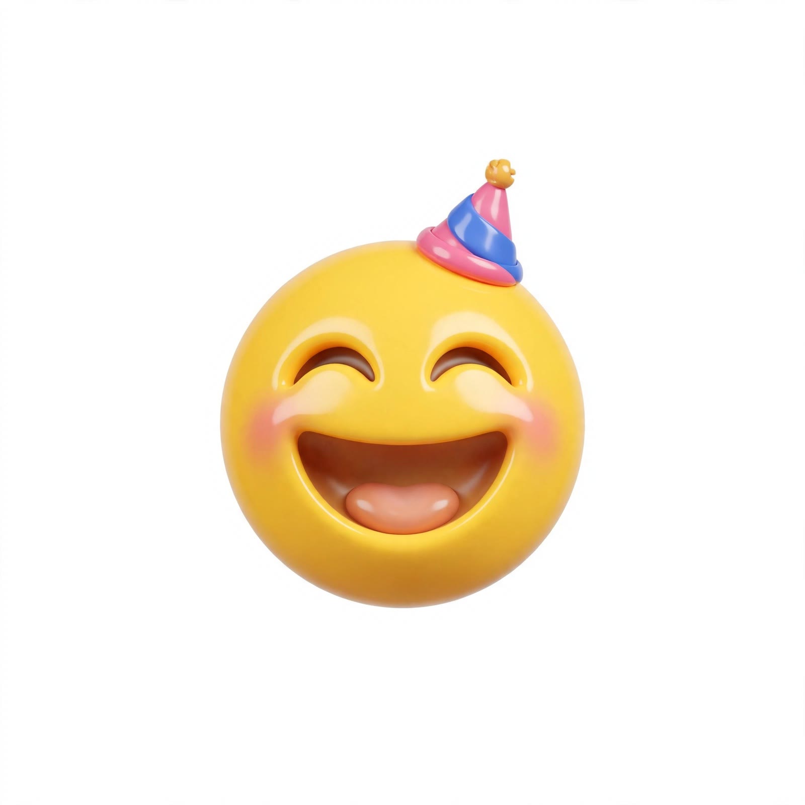 Glossy 3D emoji of a laughing face wearing a tiny party hat, centered on white