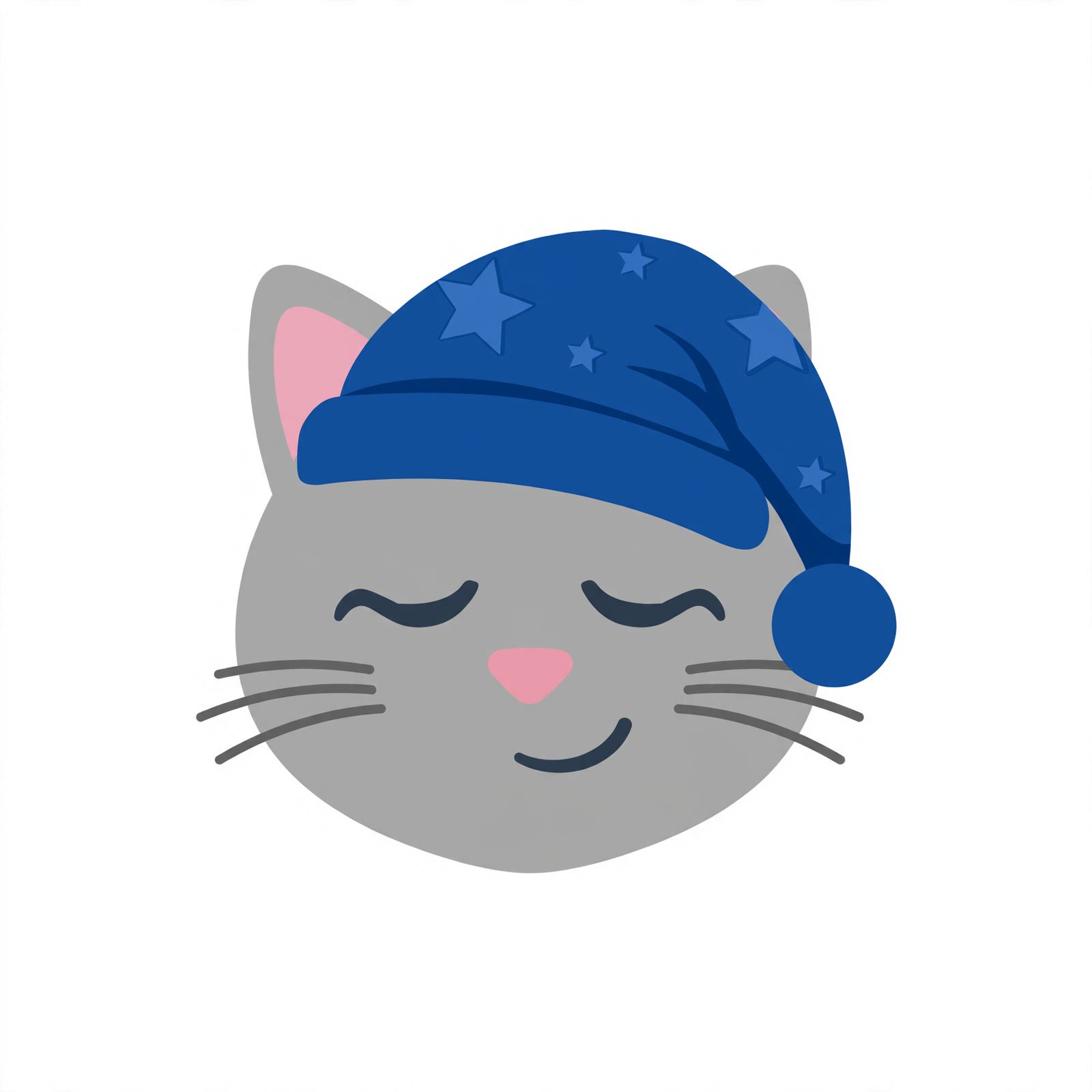 Flat emoji of a sleepy cat face in a nightcap, centered on white