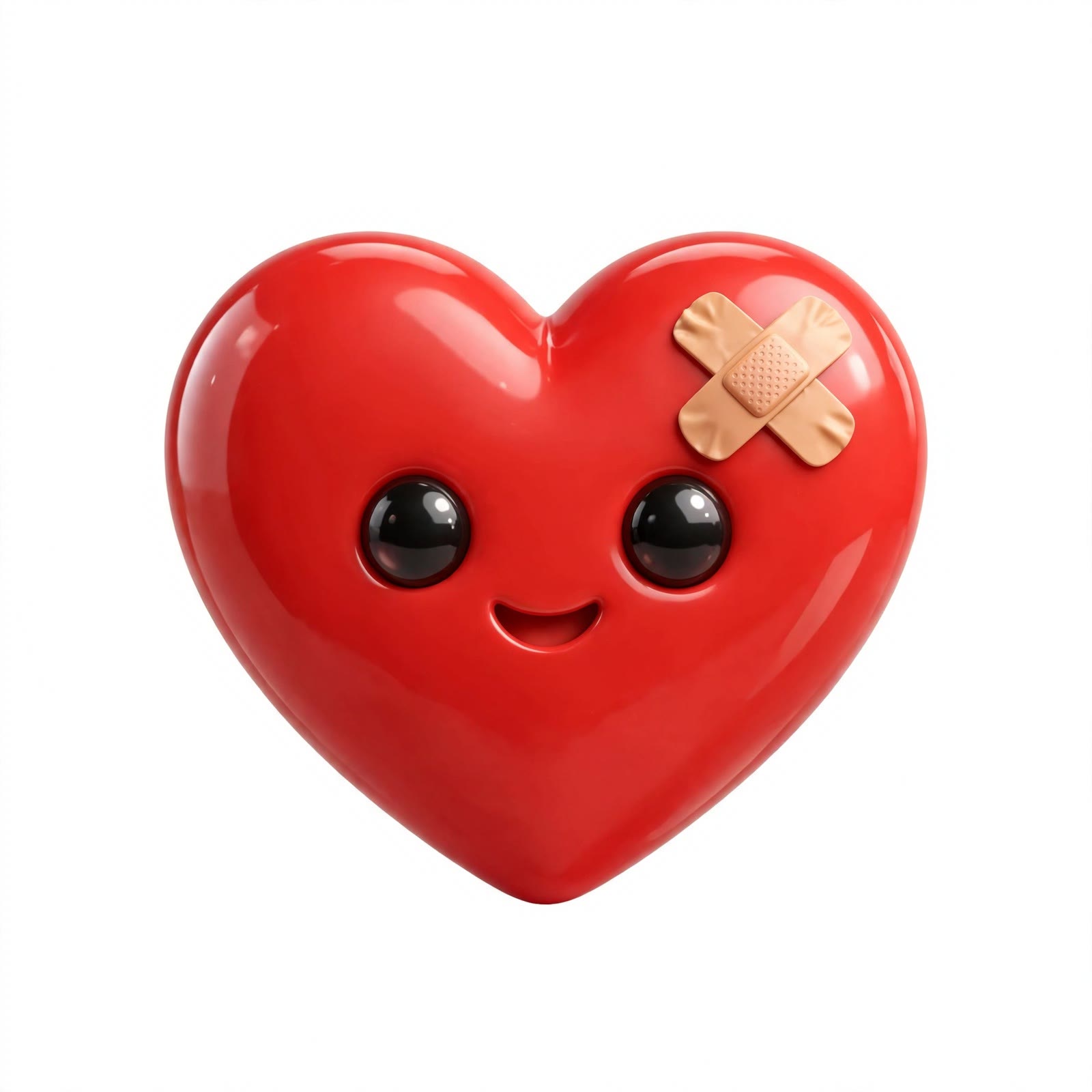 Glossy 3D emoji of a red heart with a tiny bandage, centered on white
