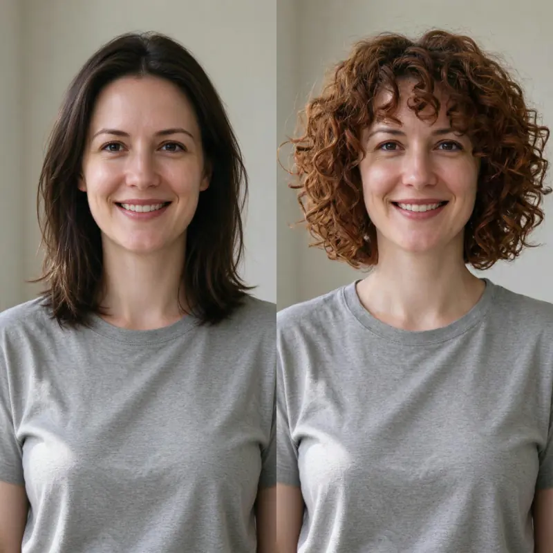 Before and after: a woman with straight shoulder-length dark hair, then the same woman with an auburn curly bob