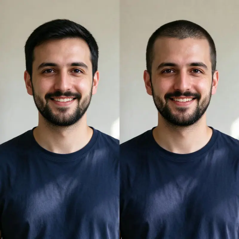 Before and after: a man with short black hair, then the same man with a buzz cut