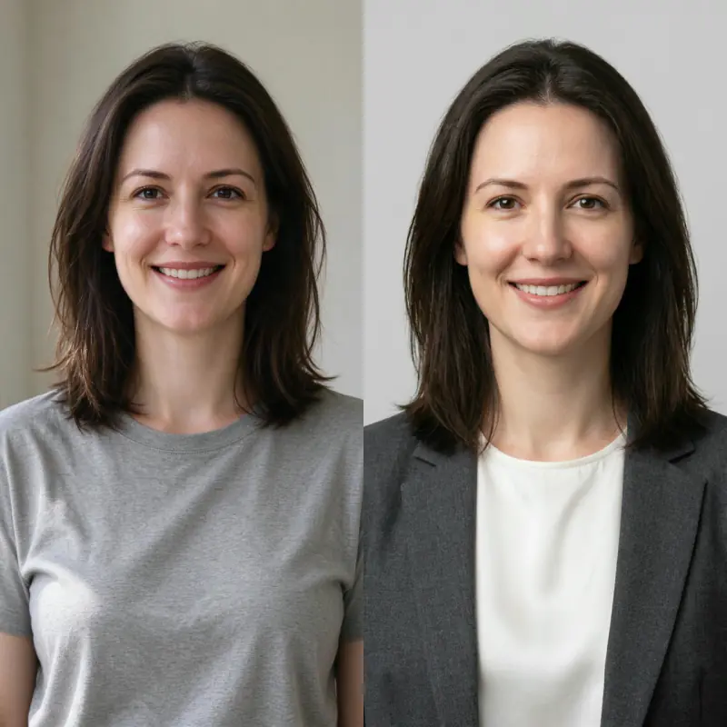 Before and after: a woman in a grey t-shirt, then the same woman as a corporate headshot in a dark blazer on light grey