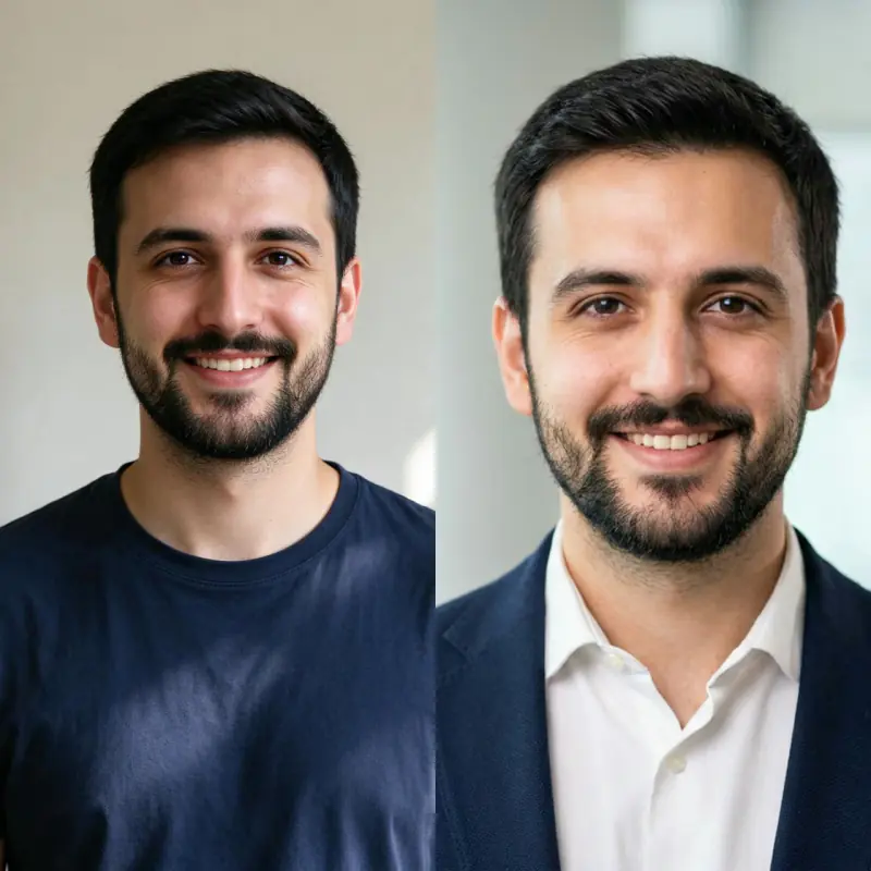 Before and after: a man in a navy t-shirt, then the same man as a LinkedIn headshot in a navy blazer with a soft office background