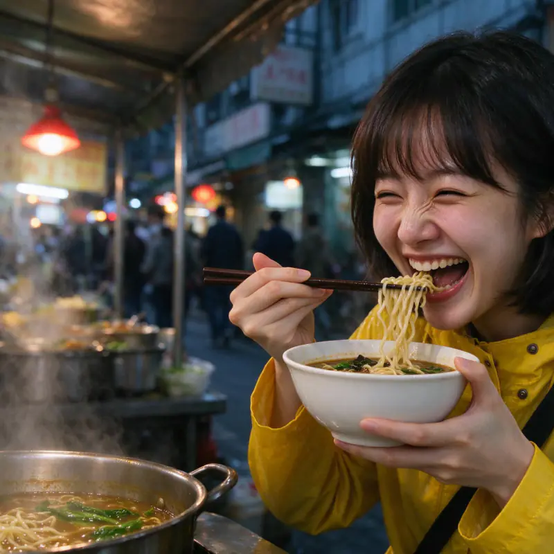 A fictional food creator with a black bob and a yellow raincoat laughing while eating noodles at a night market